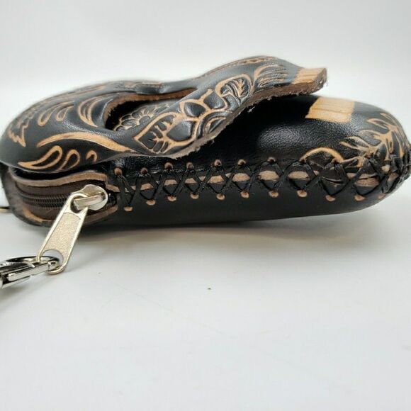 Sugar Skull Leather Wristlet Wallet Handmade Day of the Dead Coin Purse Keychain - Picture 6 of 15